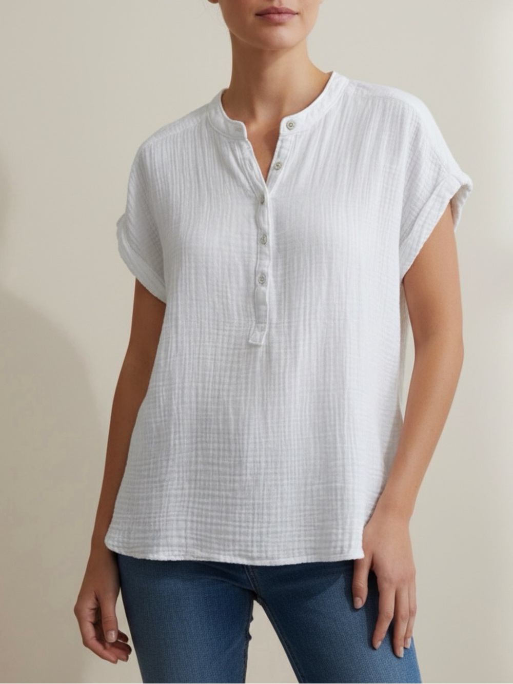 Faherty Shirt Women’s M White Organic Cotton Knit Henley Tunic Casual Preppy Top